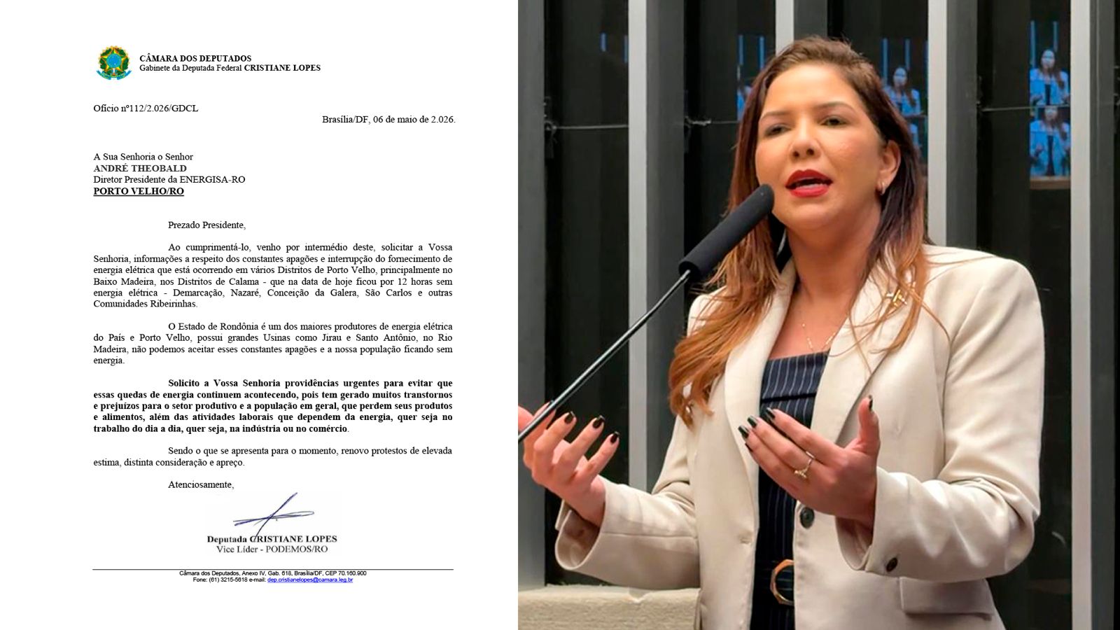 Deputada Federal Cristiane Lopes cobra providências da Energisa após constantes apagões em Rondônia